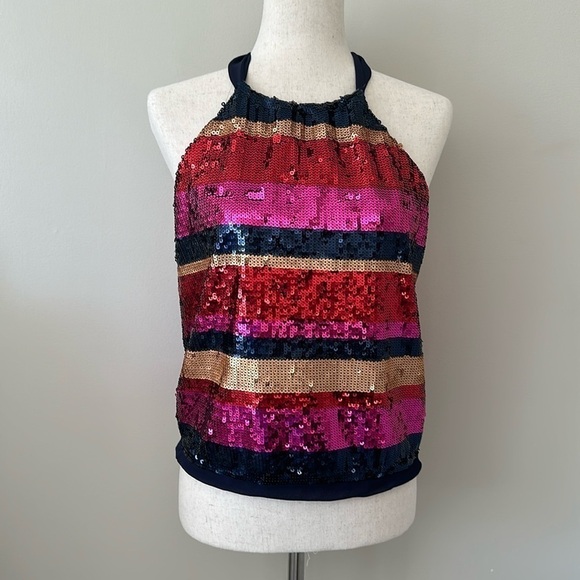Trina Turk Tamika Sequin Open Back Halter Top Sz Small Chic Party Colorful Date - Picture 3 of 11